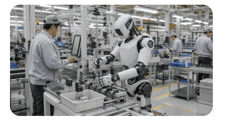 工場の生産ラインで人の作業を学ぶ人型ロボット